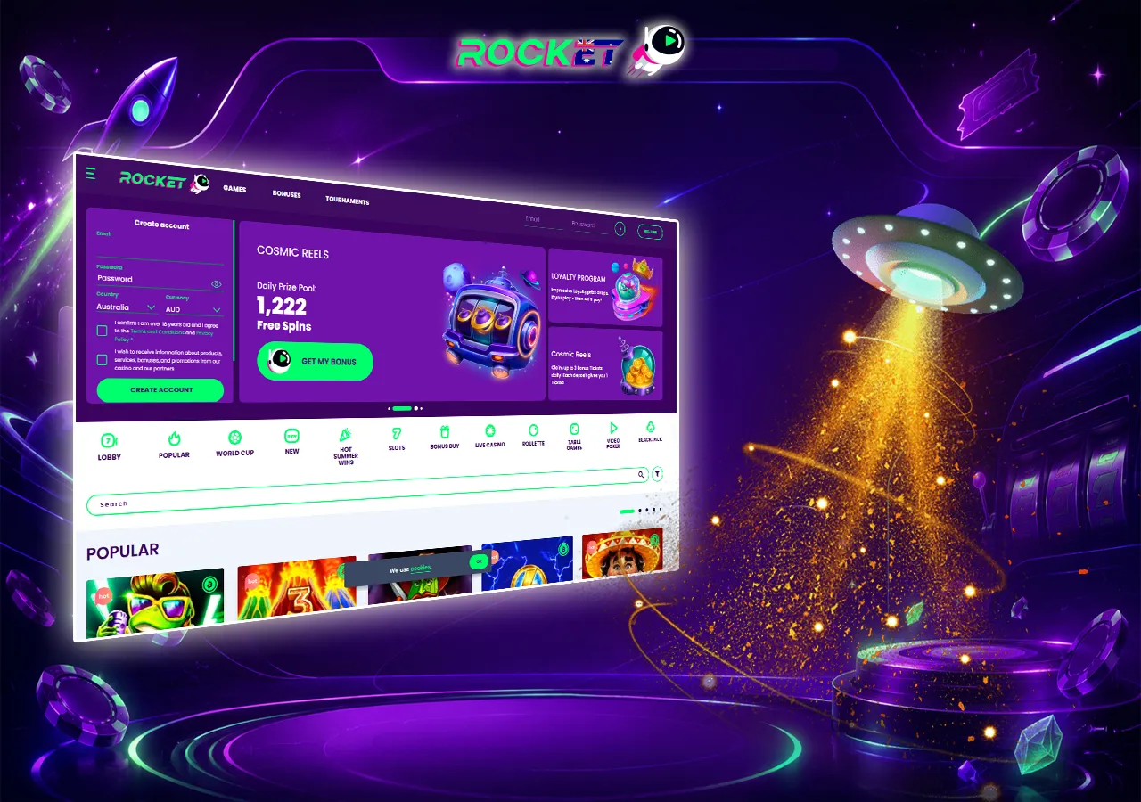 Rocket Casino welcome bonus page with free spins, purple space theme and Australian player registration screen
