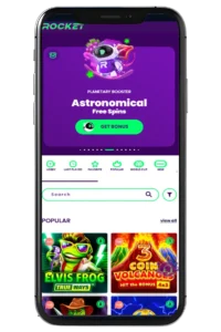 Mobile phone with Rocket Casino home screen