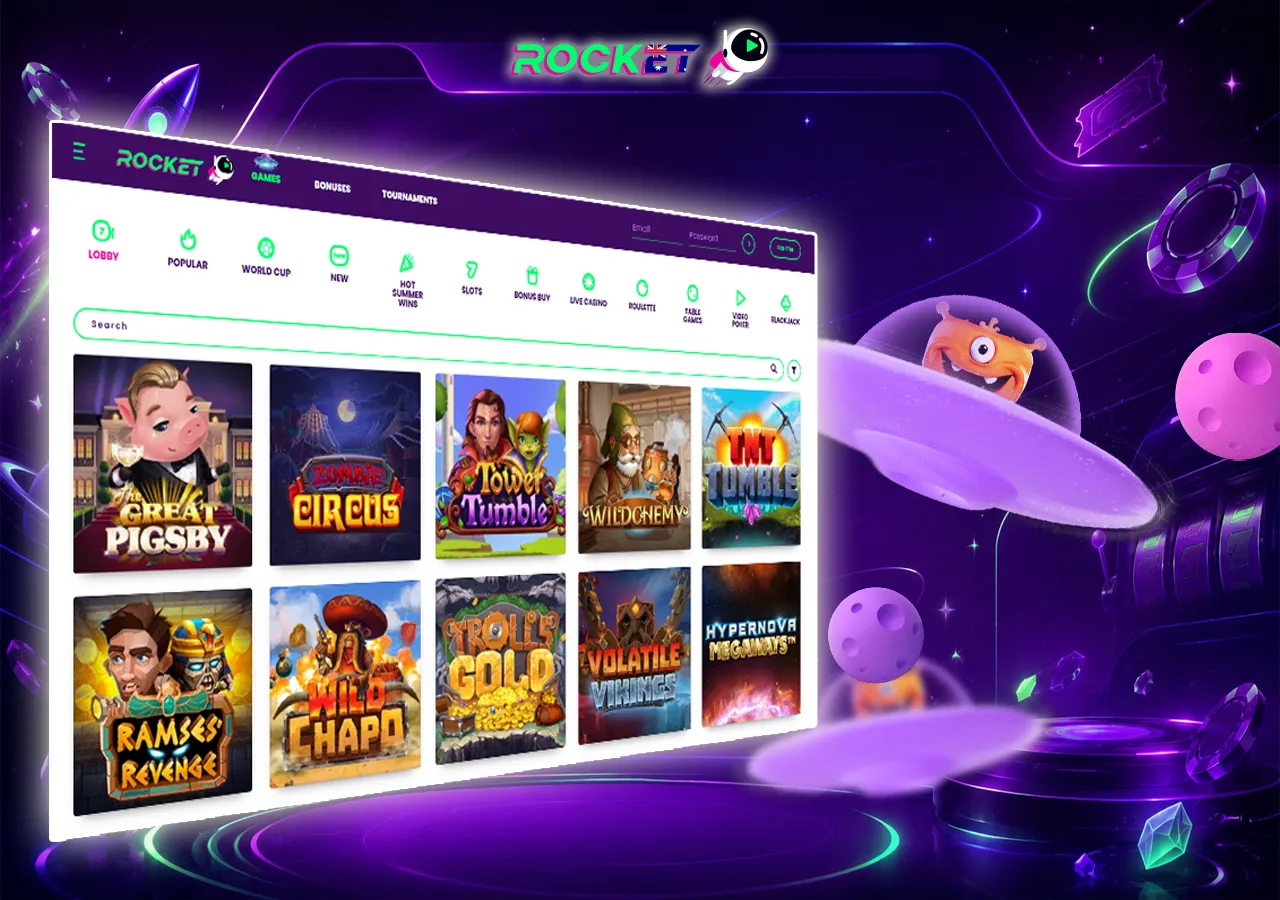 Online casino game library with slot tiles, search bar and purple cosmic lobby design