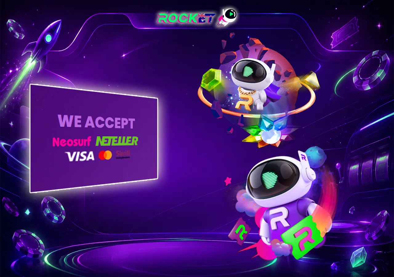 Casino payment methods screen with digital wallets, cards and crypto options in neon space style