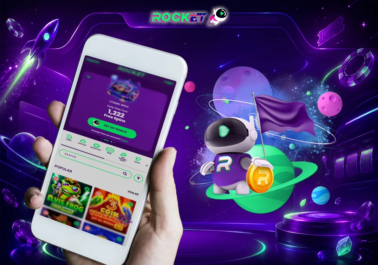 Mobile casino app screen in hand with slot games, bonus panel and playful robot character