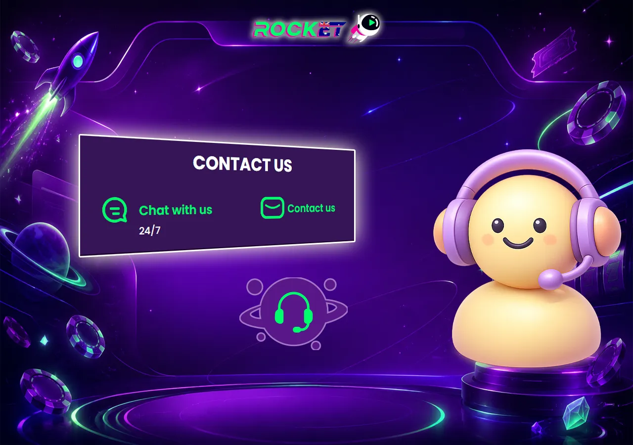 Customer support page with 24/7 chat option, contact button and headset assistant icon